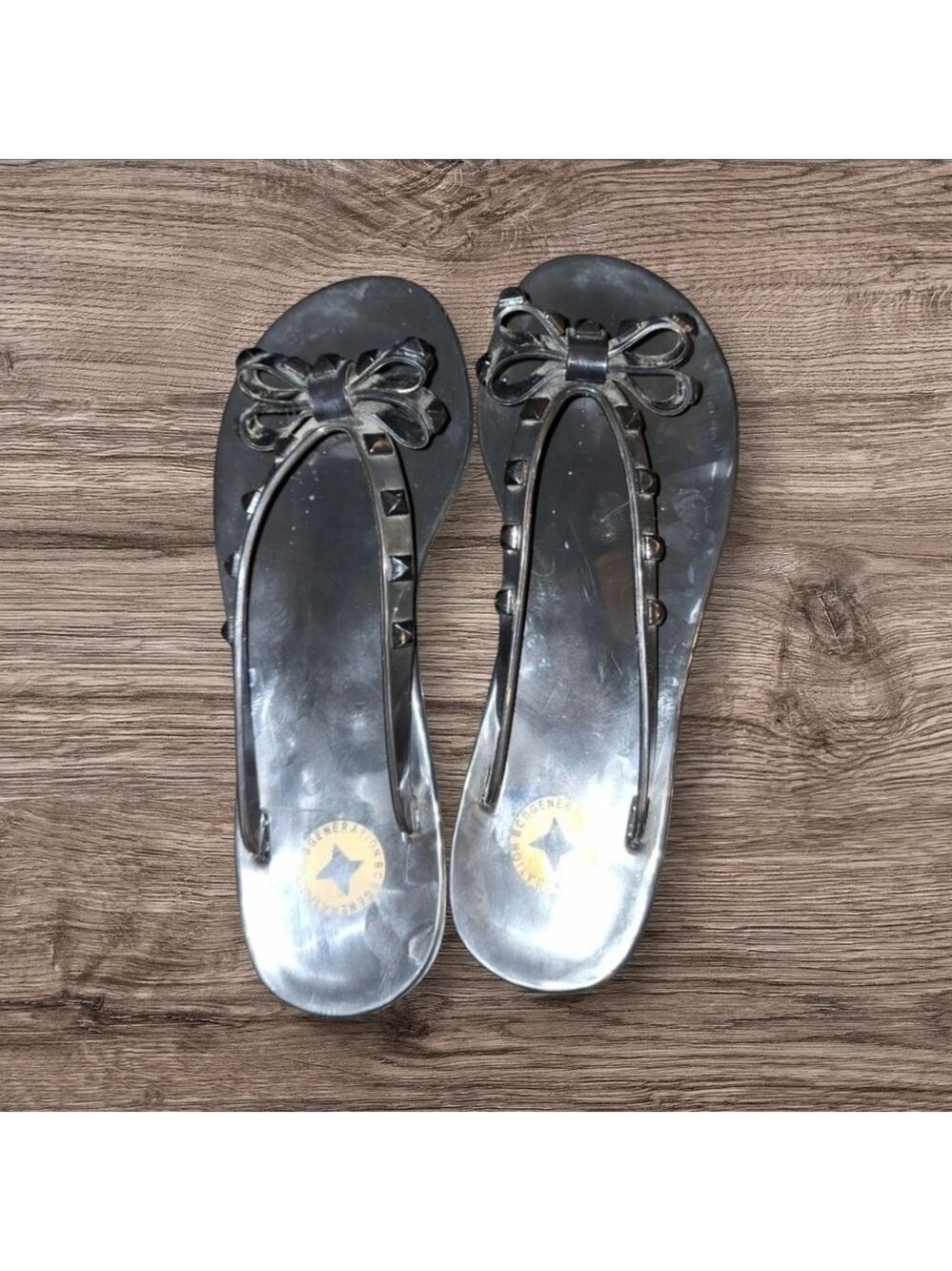 Black Flip Flops Bows Studs Size 8